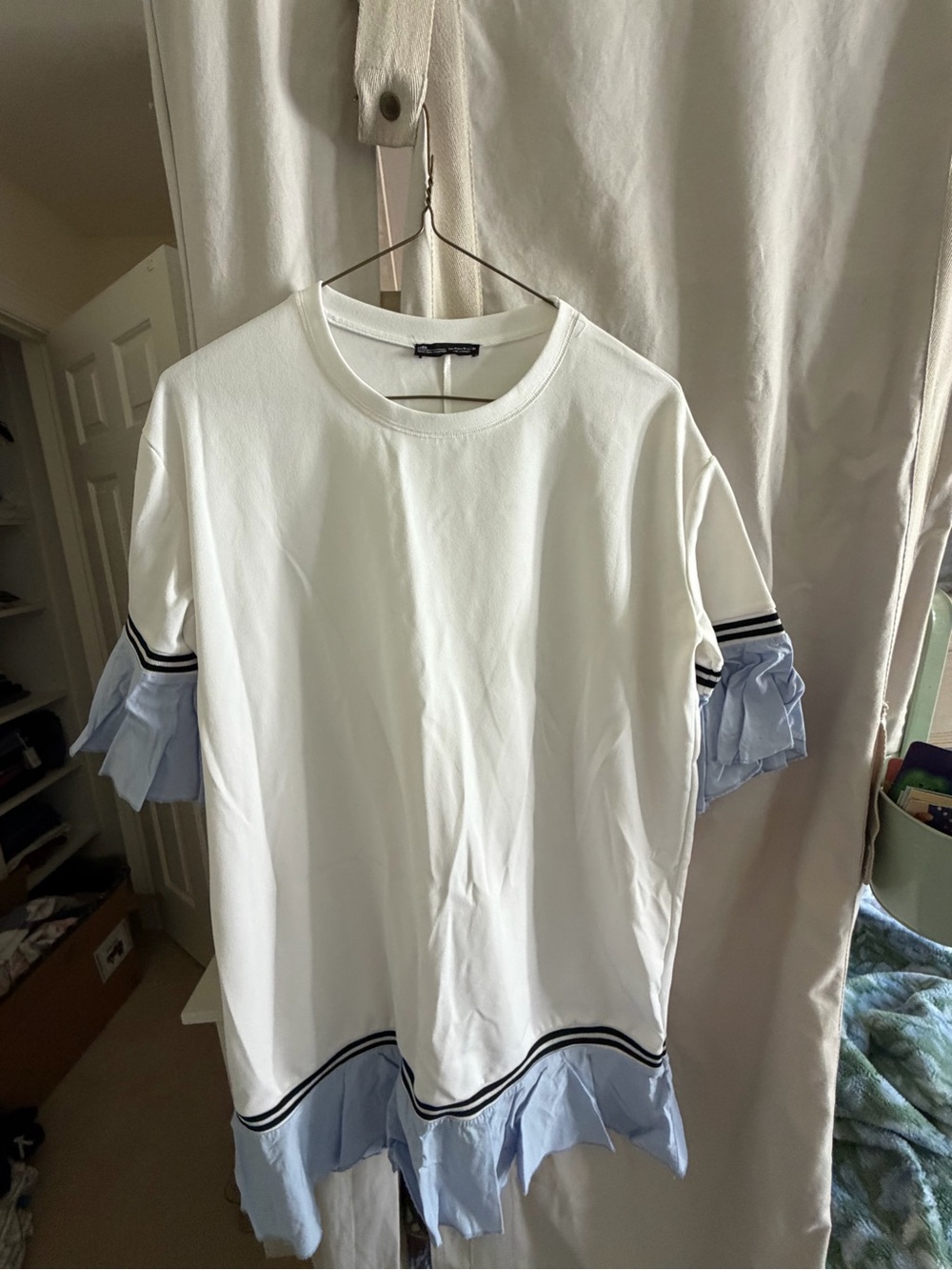 Zara White Tee with Light Blue Ruffle Hem and Sleeve Detail
